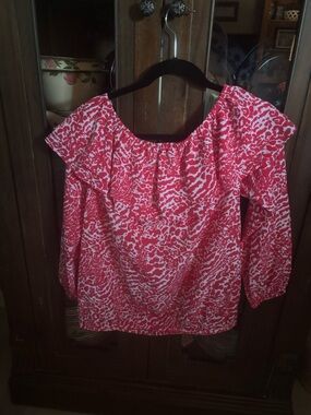 Michael Kors Pink and White Off-Shoulder Printed Blouse